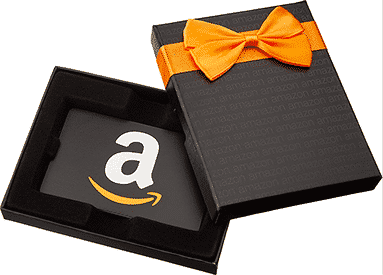 amazon giftcard in a black box with orange ribbon