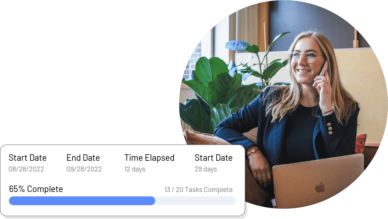 image of woman smiling on the phone next to a start/end date overview