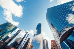 Buildings with a reflection of blue sky