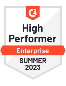G2 badge with the words Higher Performer Enterprise summer 2023 on it