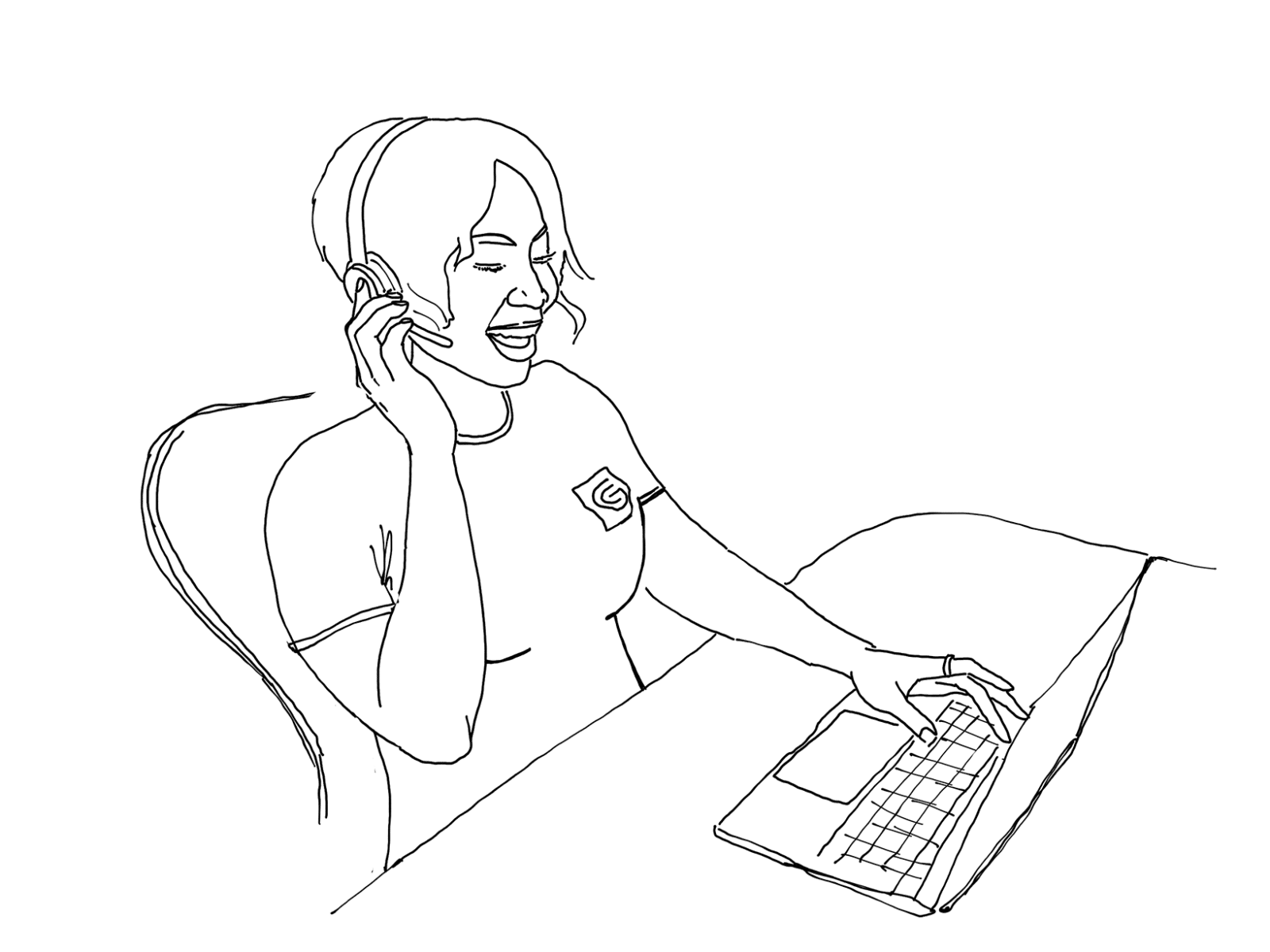 Line Image of a woman with a headset on looking at her laptop