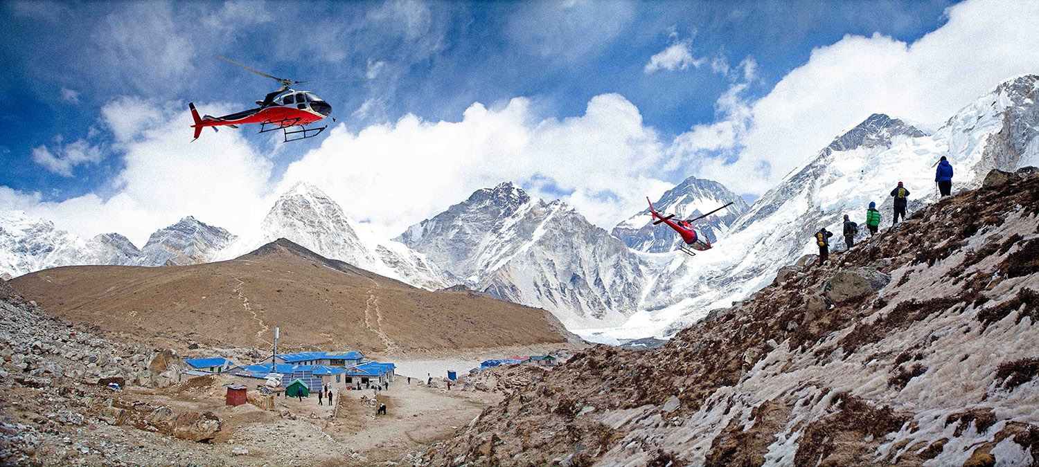 Everest base camp Gorak Shep rescue helicopters in action Himala