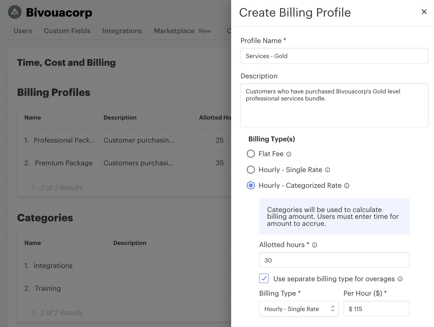 billing profile view with billing information within the GUIDEcx customer onboarding platform