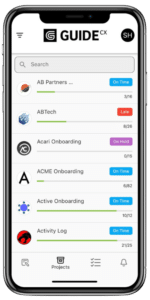 mobile app for GUIDEcx onboarding platform. Showing what the platform looks like in the mobile app.