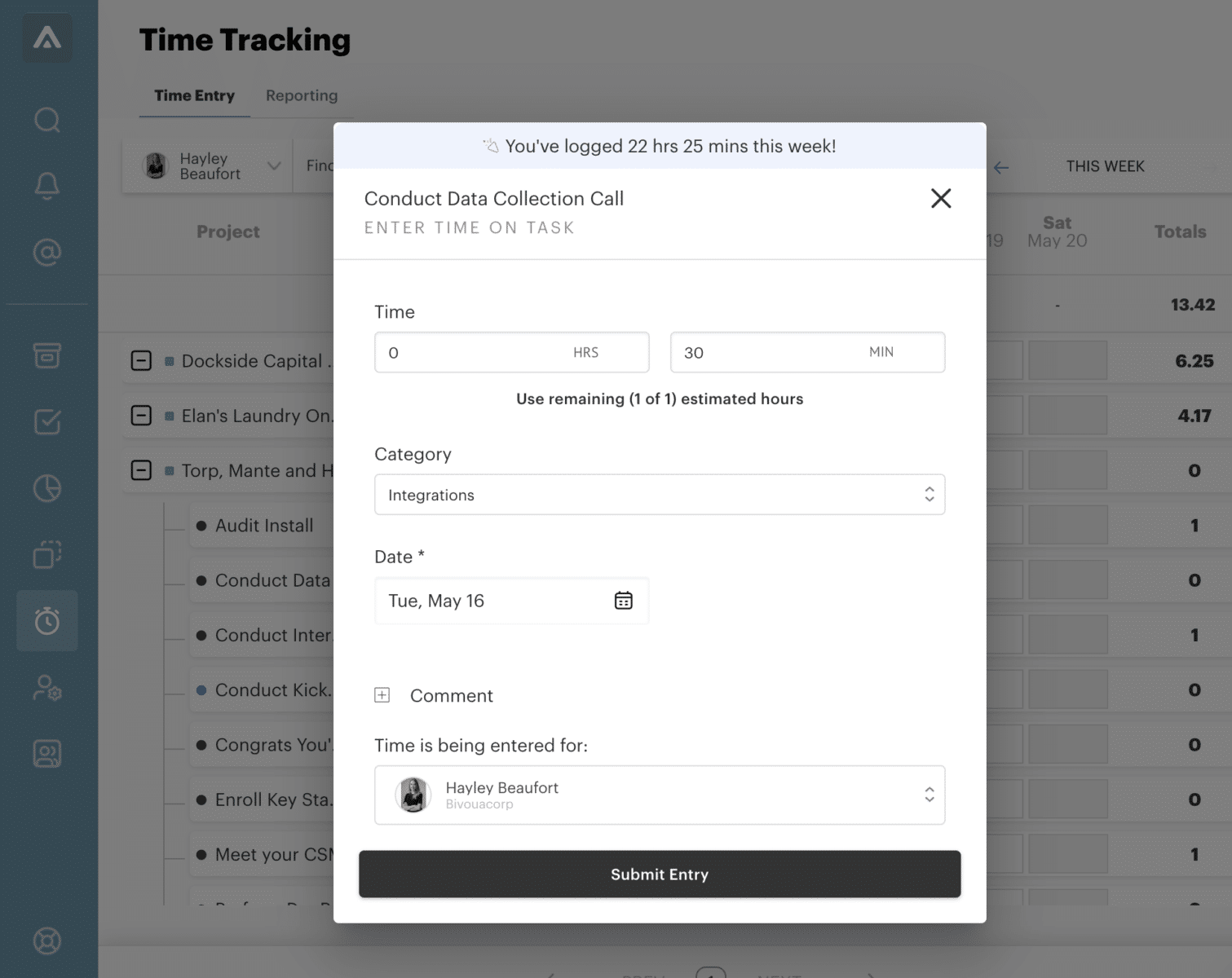 time tracking logging view inside the GUIDEcx platform. show a box to add hours and minutes, category, date and comments with a submit entry button