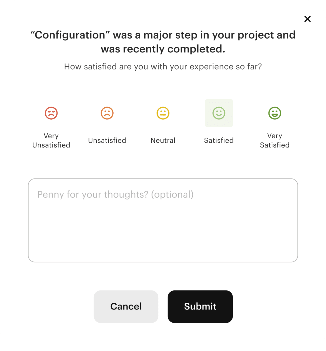 CSAT survey example asking how satisfied with your experience you are and providing faces to choose a box to write in and a cancel and submit button.