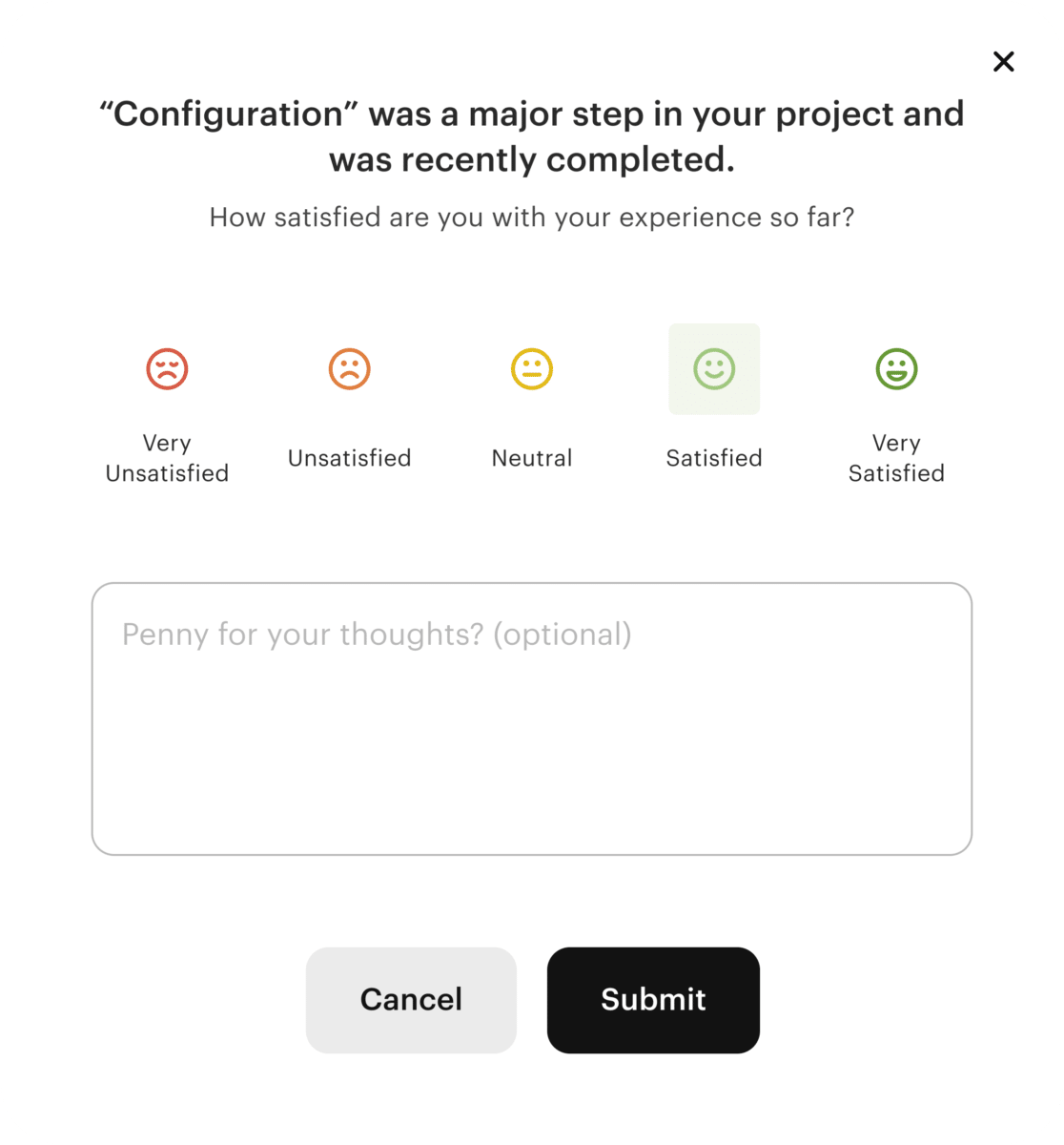 CSAT survey example asking how satisfied with your experience you are and providing faces to choose a box to write in and a cancel and submit button.