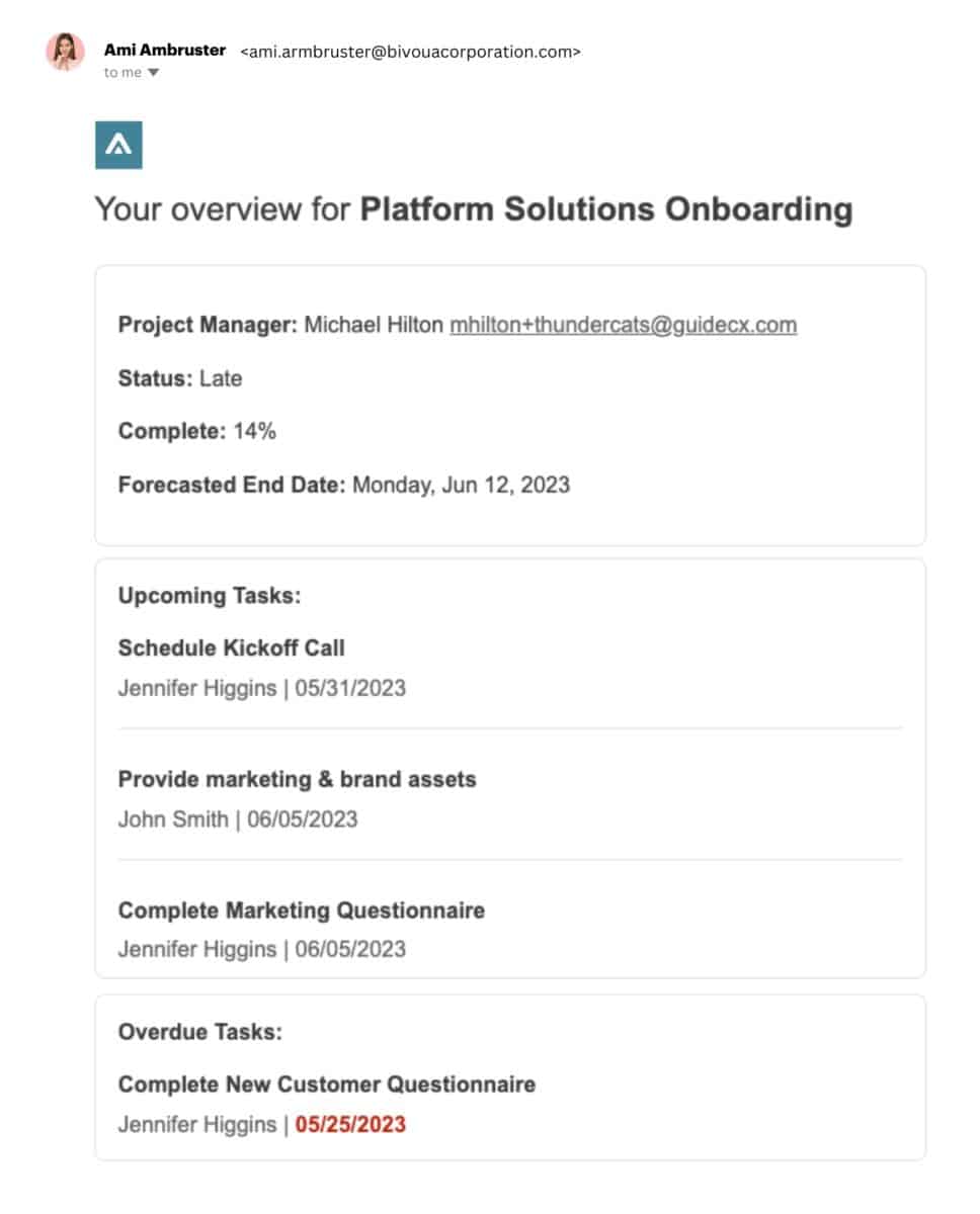GUIDEcx Project-Overview-Email-Scheduled-Reports showing an example of what an email of the project overview would look like for onboarding task