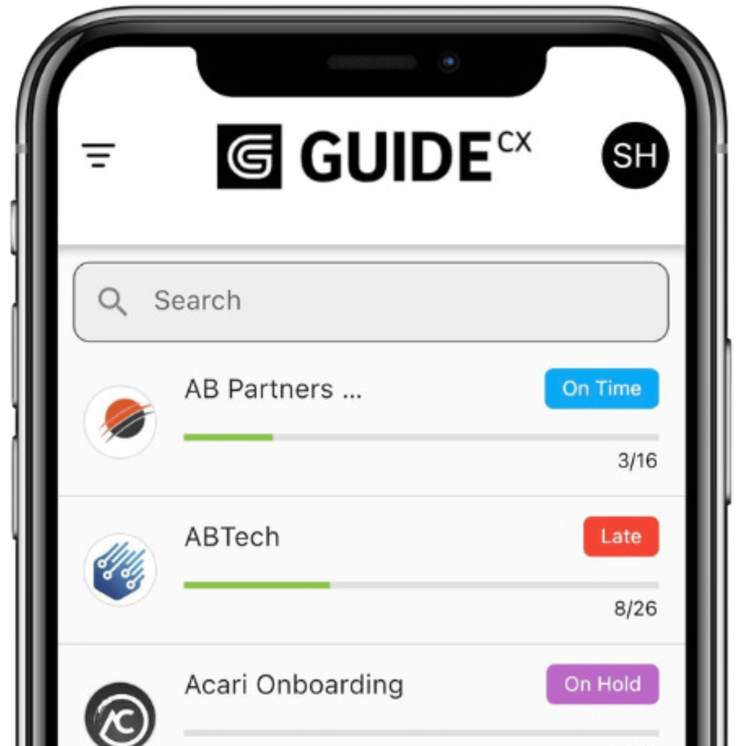 mobile app for GUIDEcx onboarding platform. Showing what the platform looks like in the mobile app.