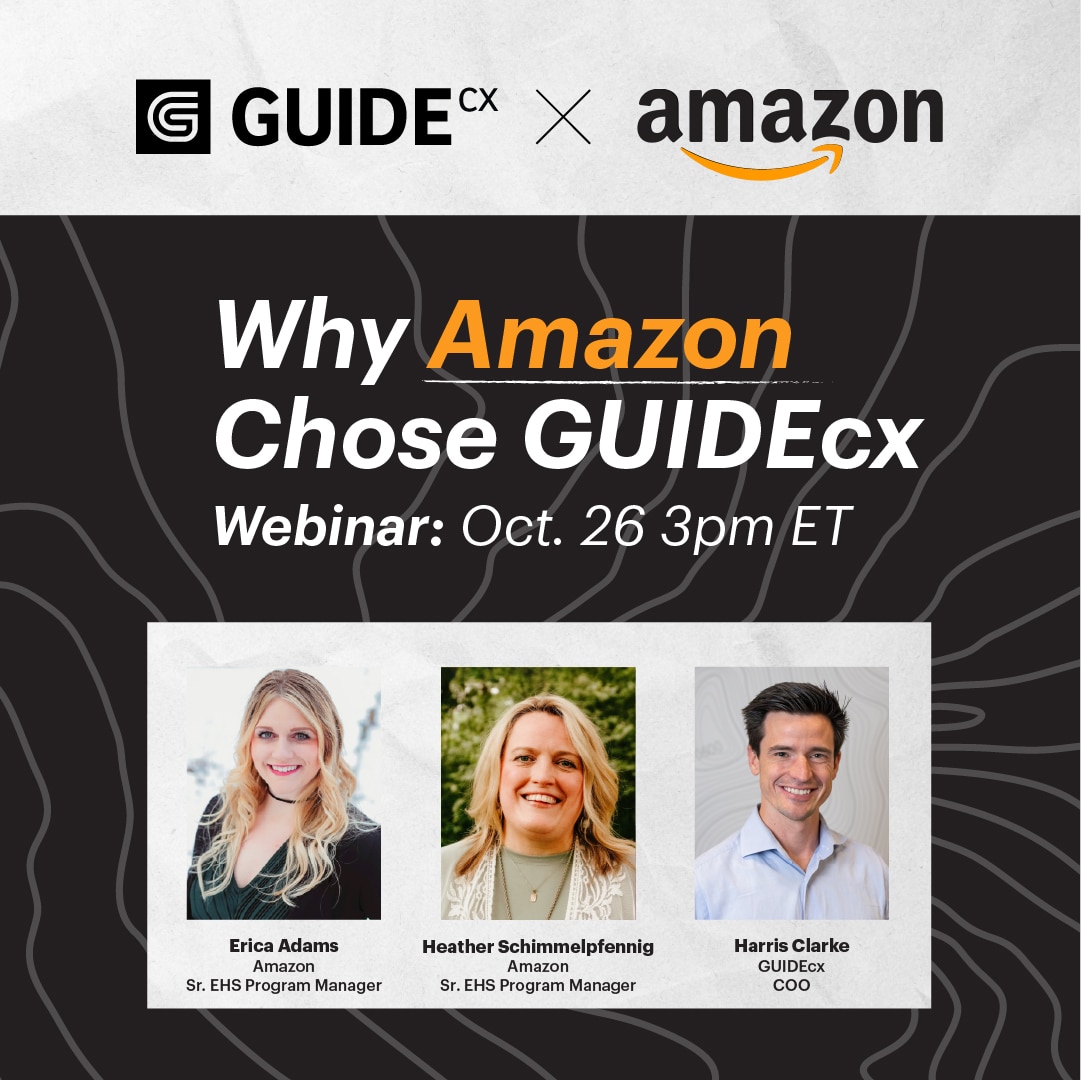 Graphic promoting a webinar with Amazon on Thursday, October 26 at 3pm Eastern Standard Time, Why Amazon Chose GUIDEcx.