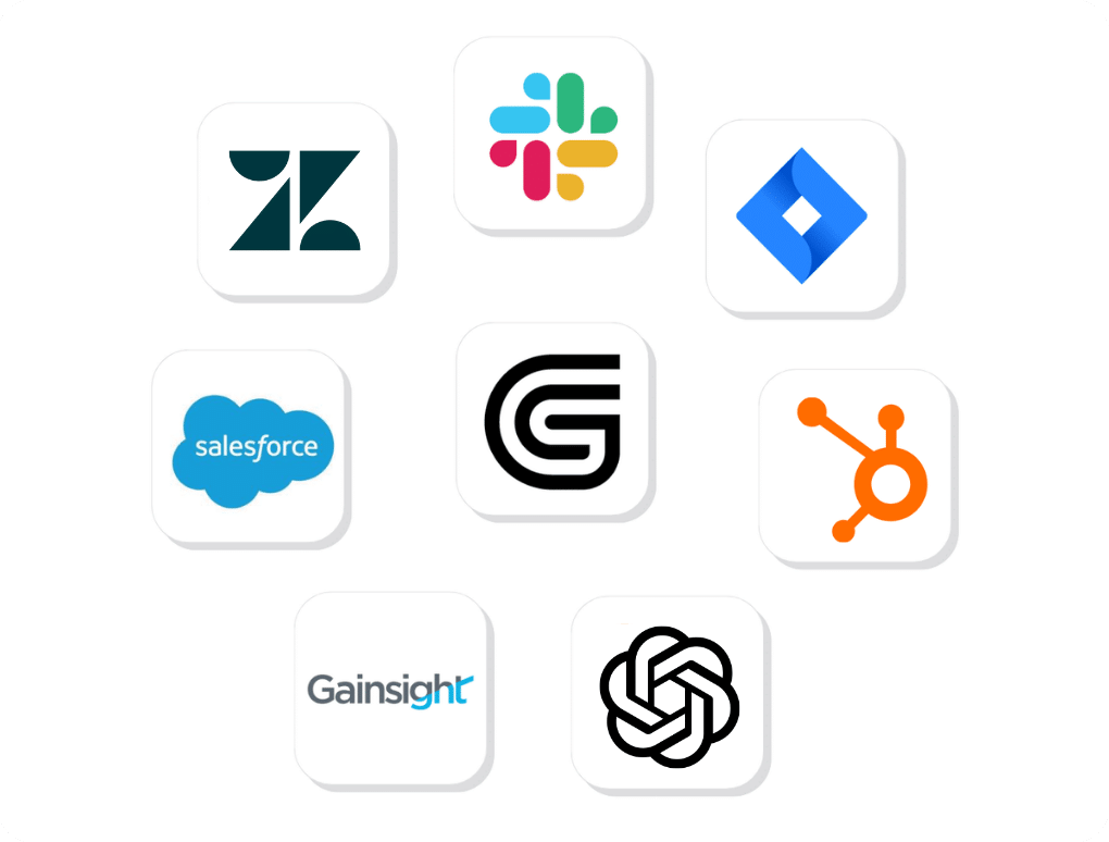 guidecx integrations image with zendesk, slack, jira, hubsot, gainsight, OpenAPI, and salesforce