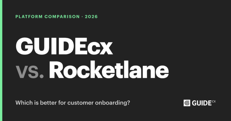Image with big white text of GUIDEcx vs. Rocketlane, implying a comparison between the two tools.